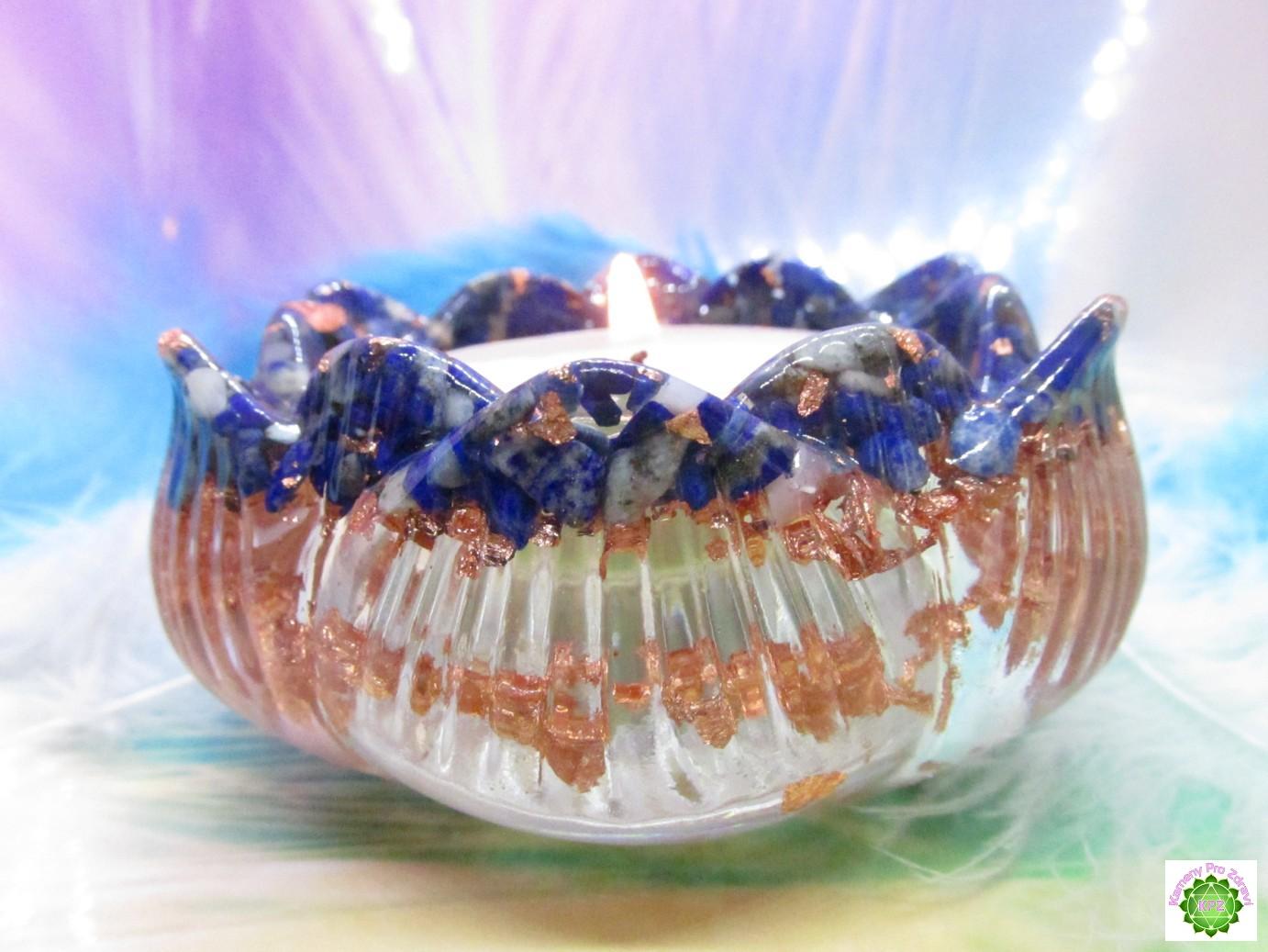 Orgonit Lotosový květ - 3v1 svícen, stojan na vonné tyčinky - Inspirující Lapis Lazuli