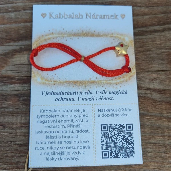 Ochranný Kabbalah náramek – Hvězda s červeným srdíčkem (posuvné uzlíky)