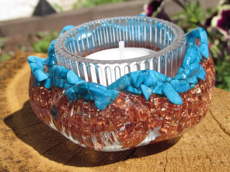 Orgonit Lotosový květ - 3v1 svícen, stojan na vonné tyčinky - Snový modrý howlit