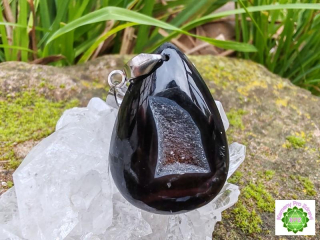 "Hvězdný klíč duše" - přívěsek černý achát s drúzou, kabošon & nerez ocel *10